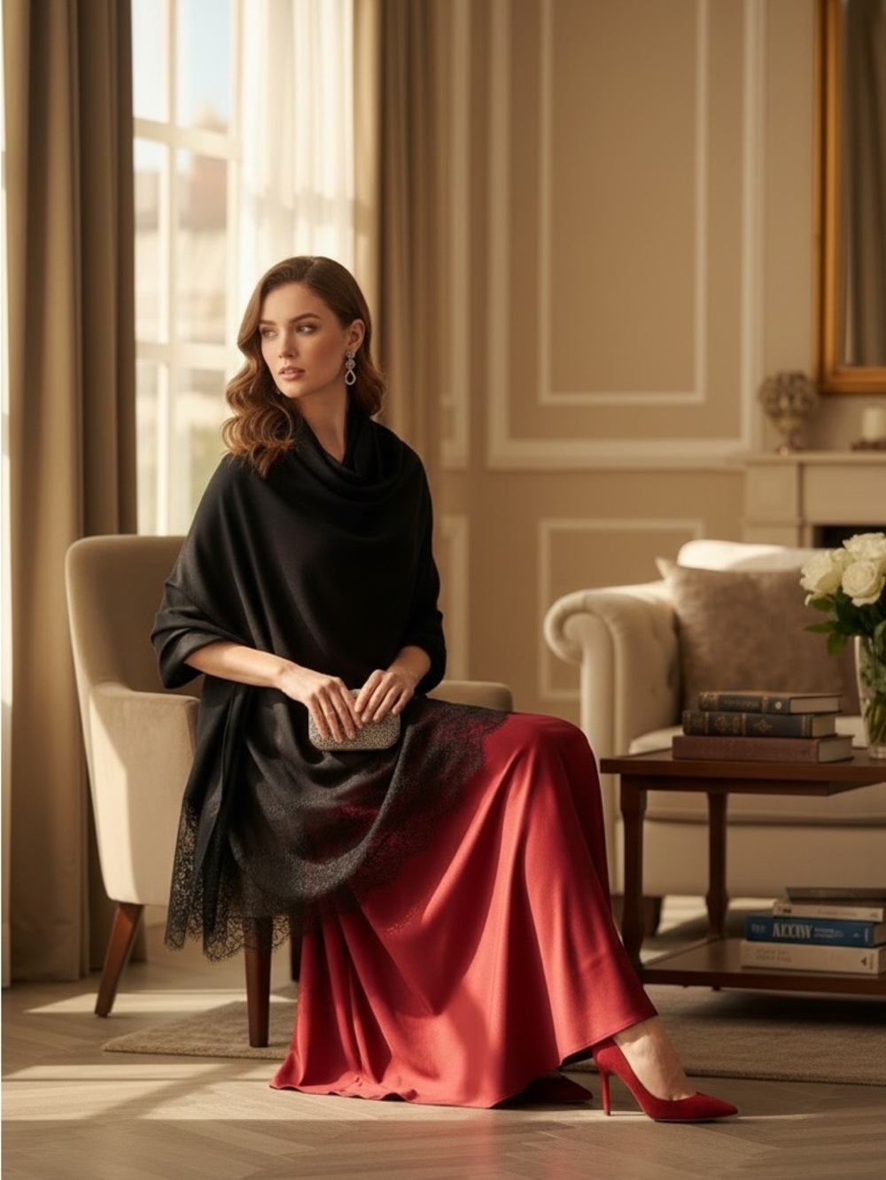 La Fiorentina Grande Wrap Silk, Wool, & Inset Chantilly Lace